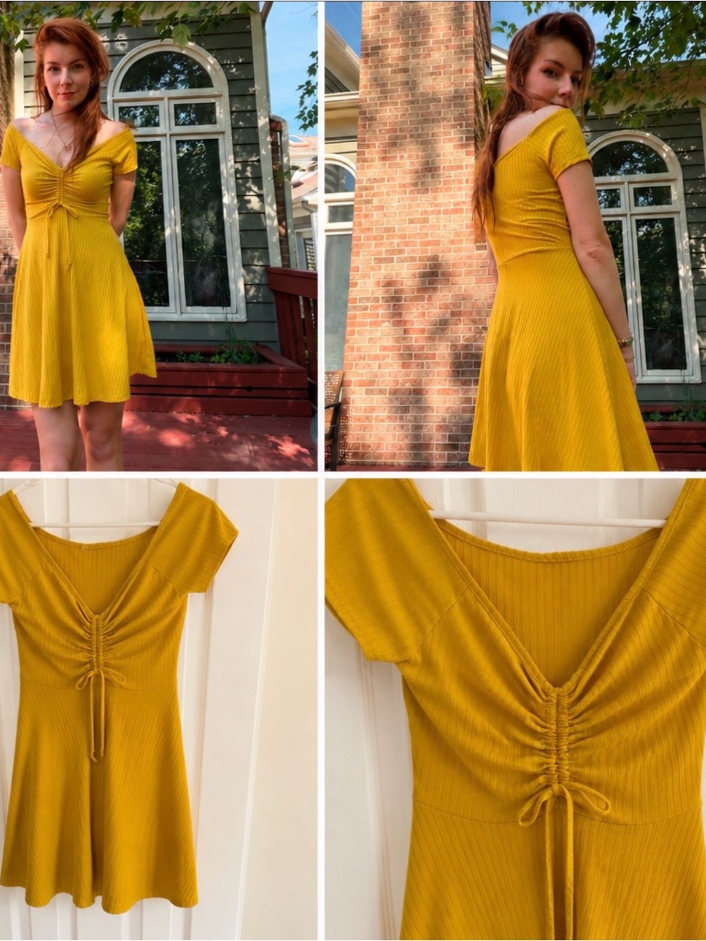 Rolla Coster Mustard Yellow Ribbed Ruched V-Neck Midi Dress